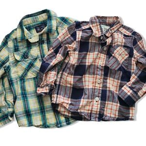 Childrens Place BUNDLE Boys 18-24 M 2 Plaid Shirts - Blue and Green Button Up